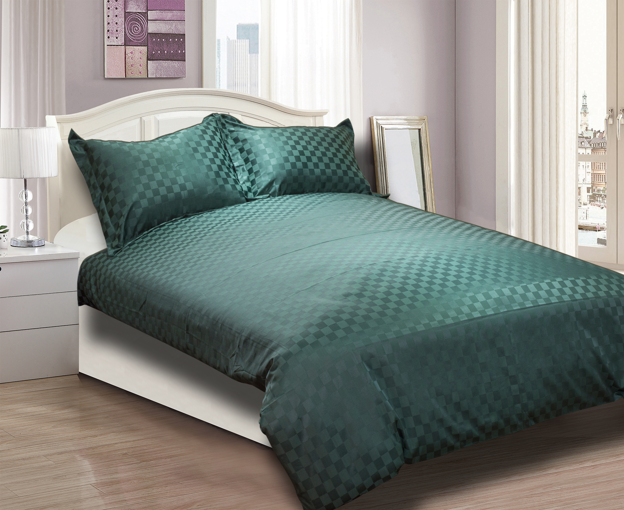 Set di biancheria da letto jacquard a quadri verde foresta
