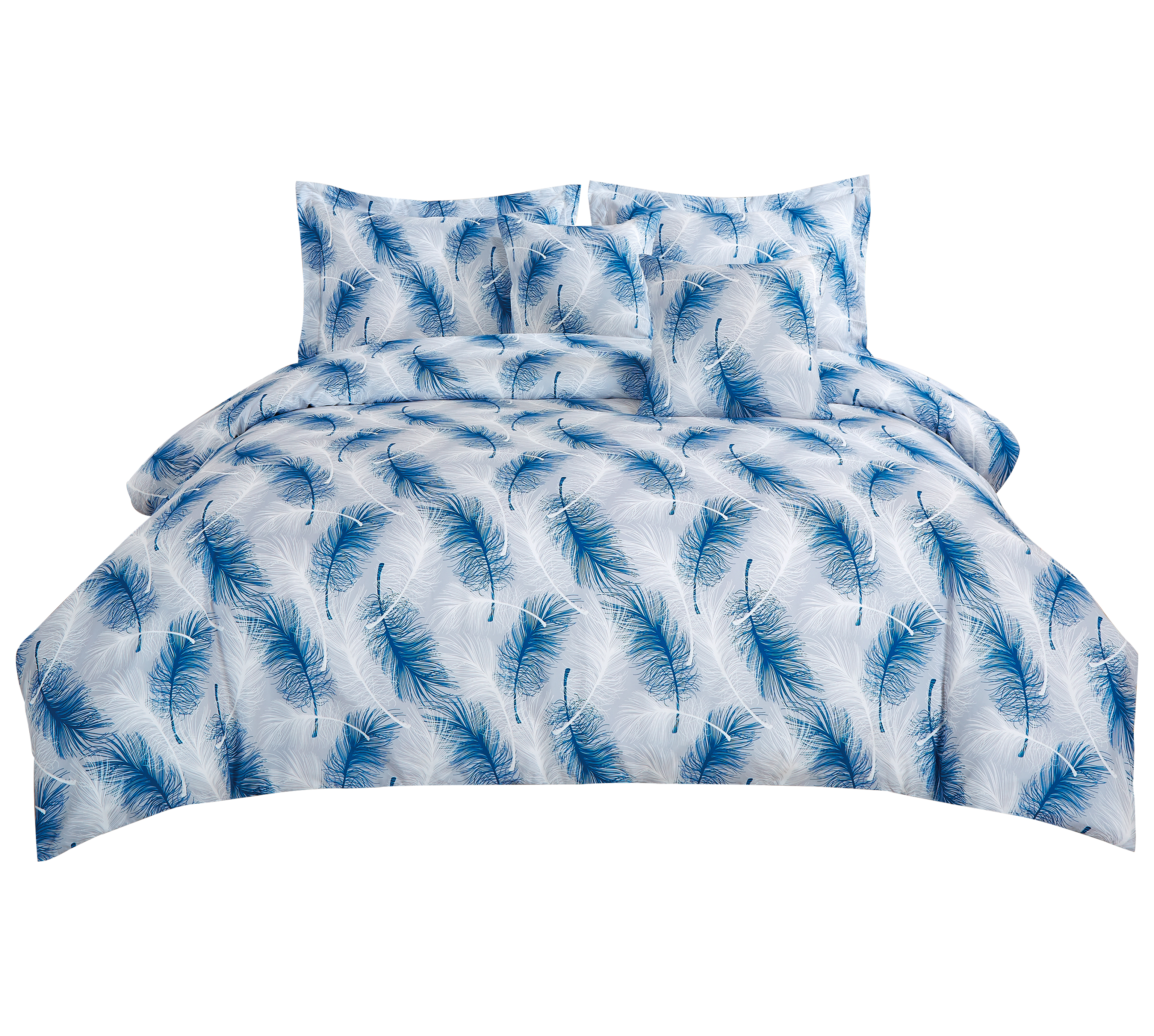 Il kit da letto stampato blu e bianco con piuma