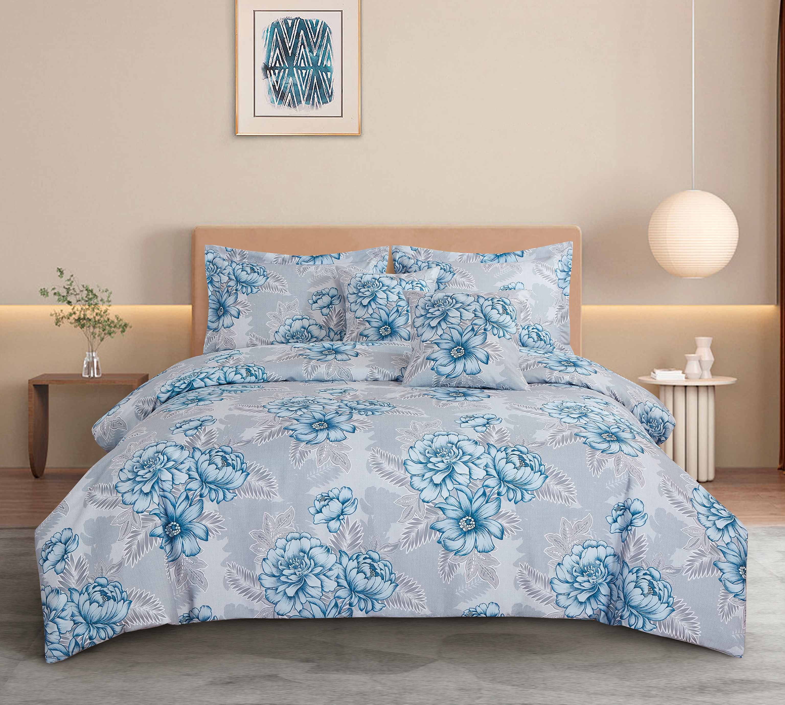 Grande set di biancheria da letto blu per la stampa peonia